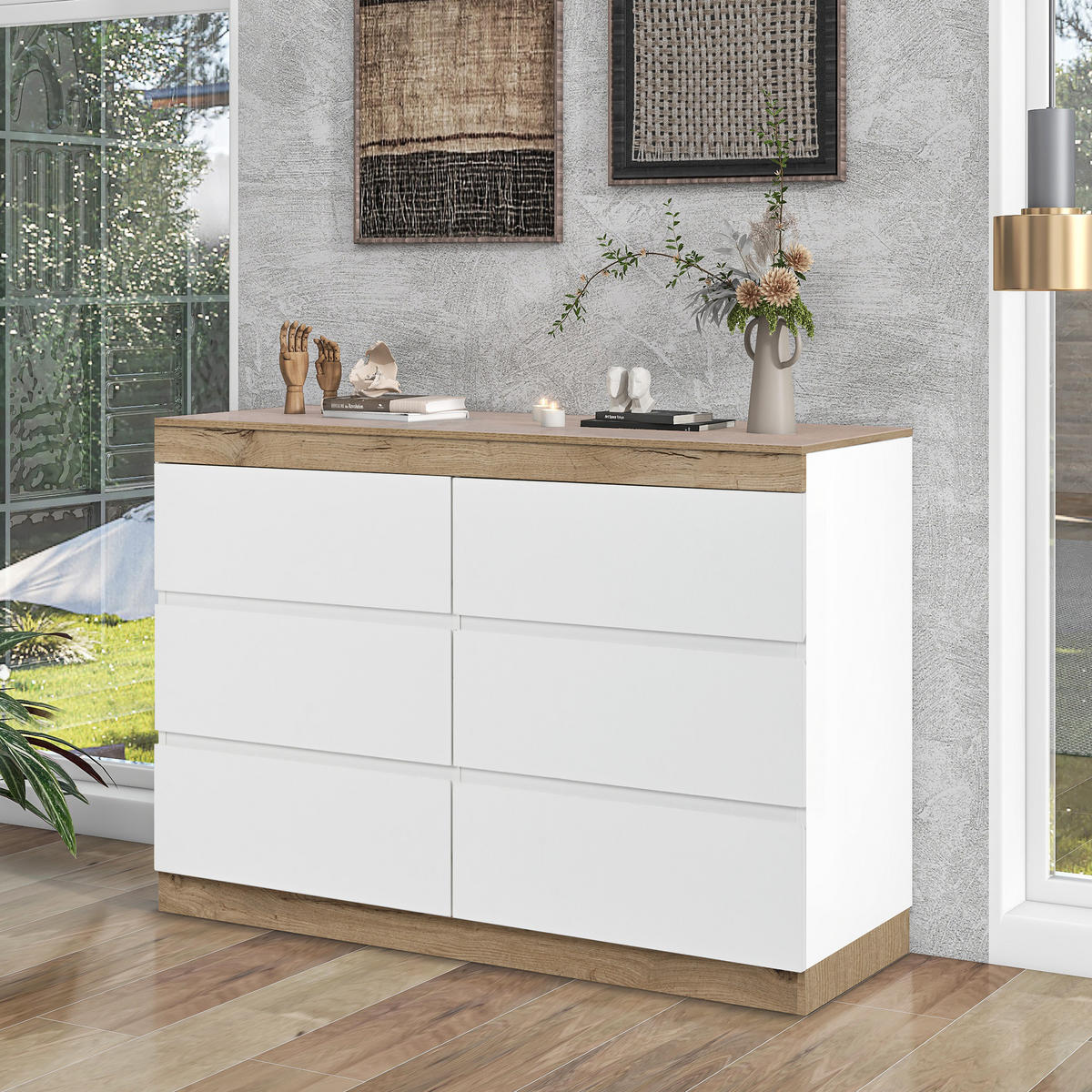 SIDEBOARD Kommode E1 Spanplatte mit 6 Schubladen Eicheoptik klassisches Design Schlafzimmer Stauraum 80/40/110 - Eichefarben/Weiß, Holzwerkstoff/Metall (110/67.5/40cm) - EVRYAE