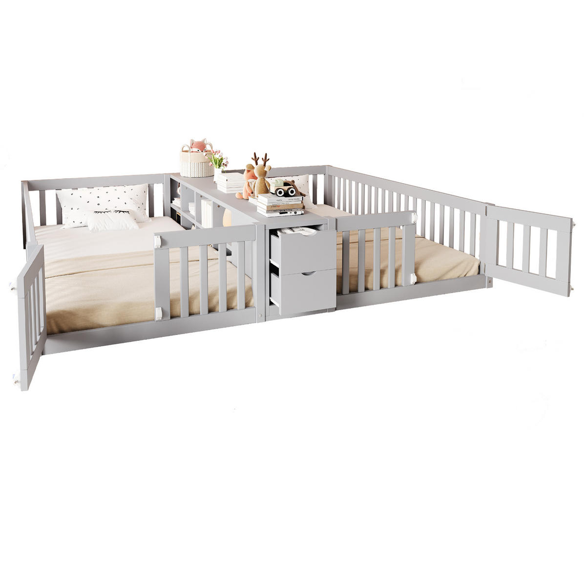 KINDERBETT 90/200 cm & 90/200 cm in Grau mit 2 Schubladen und Regal - Grau, Holz/Holzwerkstoff (90/200cm) - CHICFURN