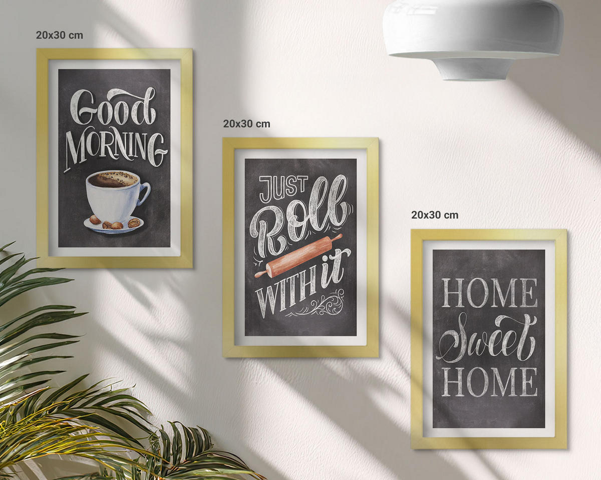 WANDBILDER 3er Set - 20x30 cm Goldrahmen - Motive und Inschriften für die Küche - Goldfarben, Kunststoff (20/30cm) - ArtPrintCave