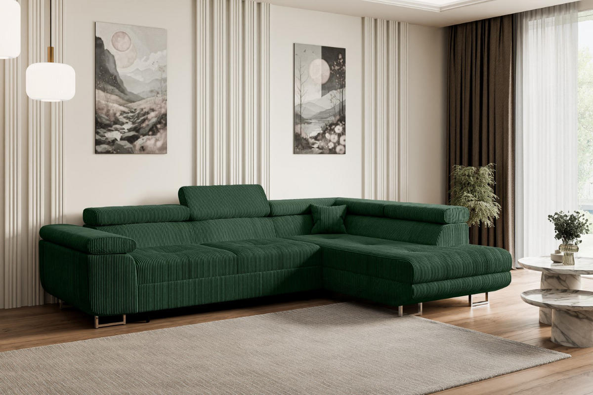 ECKSOFA mit Schlaffunktion und Bettkasten GUSA-L 272x202x107 cm Grün Cord - Silberfarben/Grün, Holzwerkstoff/Textil (272/202cm) - ALTDECOR