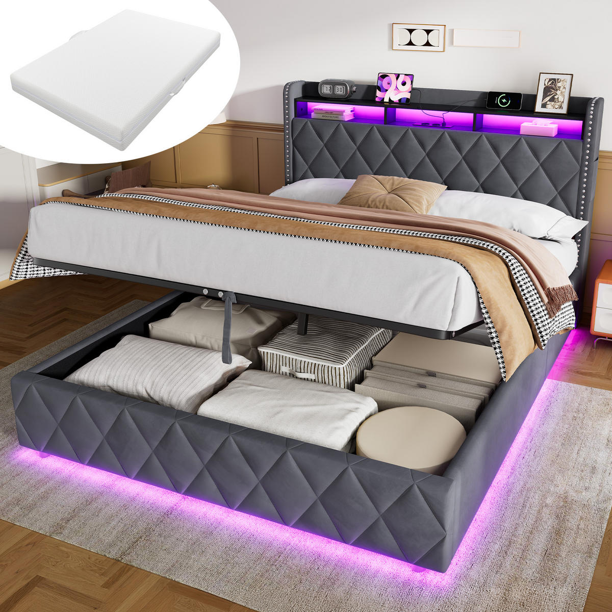 POLSTERBETT 160×200 mit LED-Beleuchtung, Bettkasten und Matratze - Grau, Holzwerkstoff/Textil (160/200cm) - EVRYAE