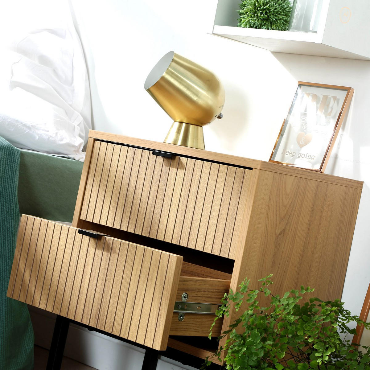 NACHTTISCH 2 Schubladen Effekt Holz mit Rillen - H51cm - Apfelbaumfarben, Holzwerkstoff (29/51/45cm) - Calicosy