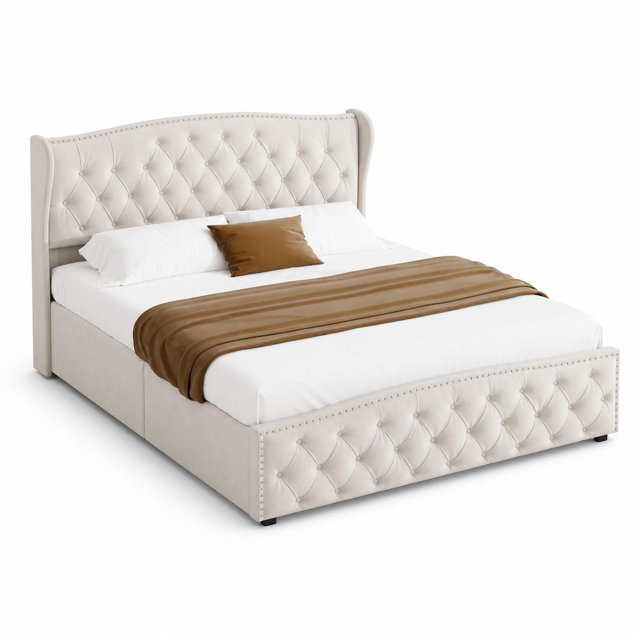 POLSTERBETT 160/200 cm mit Stauraum & Knopfheftung - Beige, Holz/Metall (160/200cm) - Joyfair