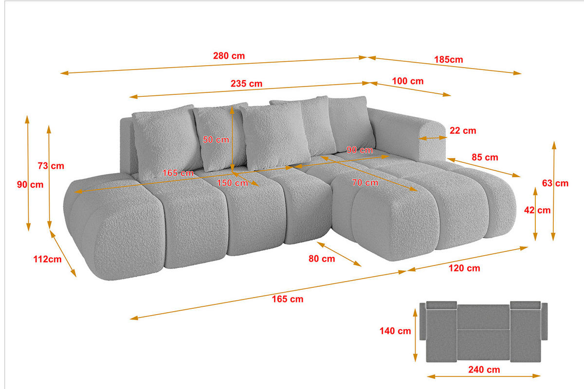 ECKSOFA Ottomane Rechts CLOUD-L-v1 280x185x90 Hellgrau Bouclé - Hellgrau, Holzwerkstoff/Kunststoff (185/280cm) - ALTDECOR
