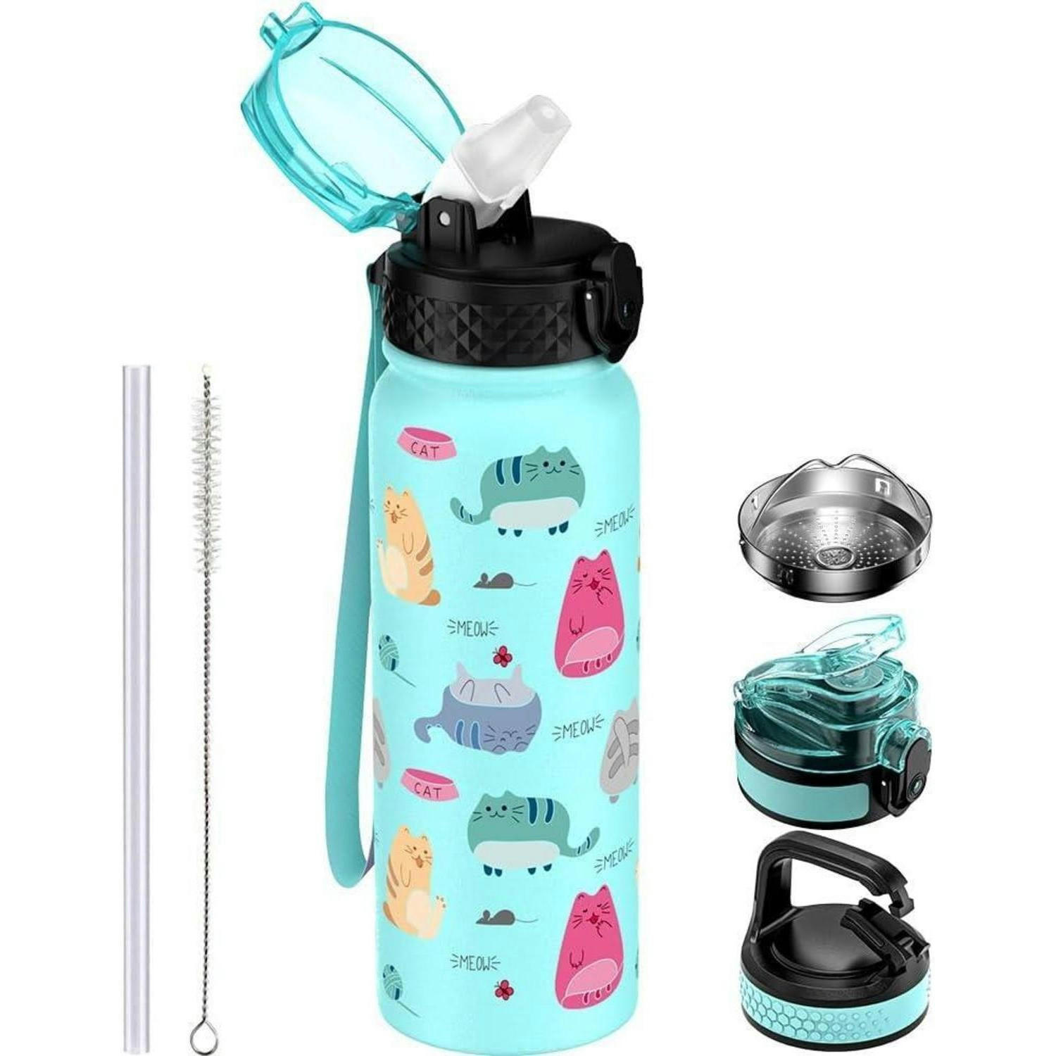 TRINKFLASCHE 600 ml Edelstahl mit Strohhalm Hellgrüne Katze - Multicolor, Metall (7/7cm)