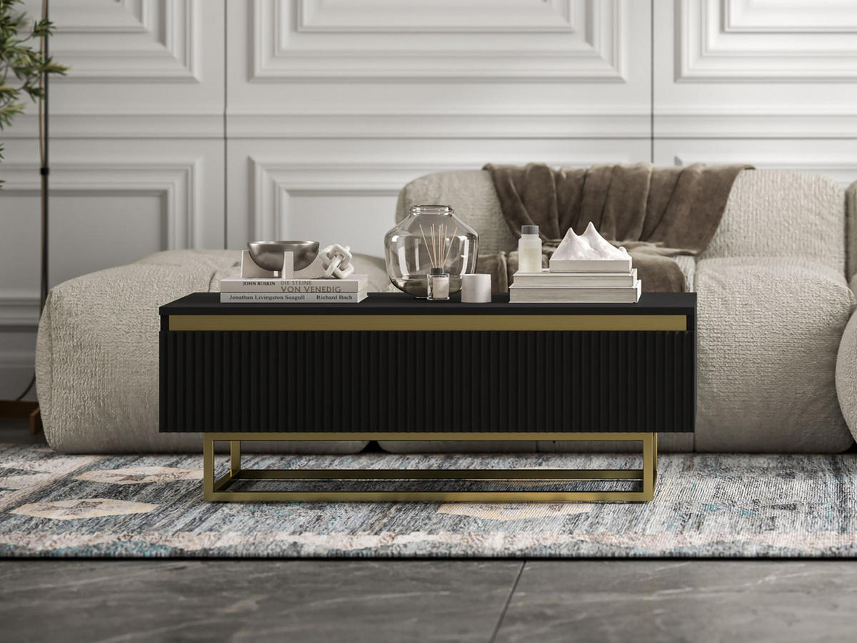 COUCHTISCH Selene Schwarz matt 109 cm mit Metallrahmen - Goldfarben/Schwarz, Holzwerkstoff/Metall (50/109/39cm) - Meble Lindner