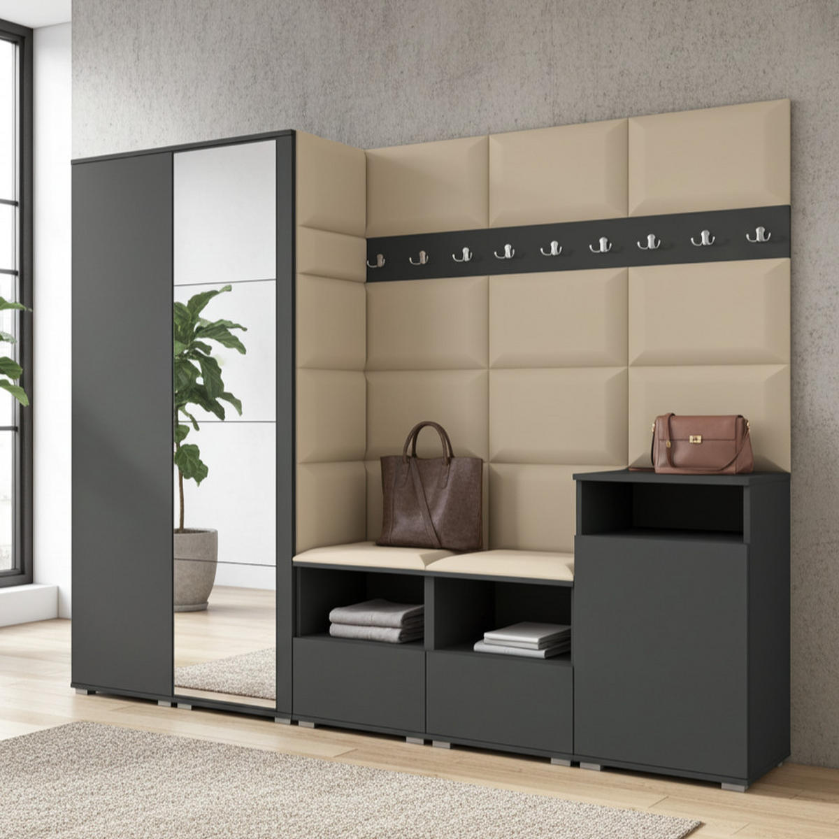 GARDEROBE NELA VIII 250 cm (Modulare Flurmöbel Graphit mit Spiegel & Sitzpolster Beige 04 Set XL) - Beige/Silberfarben, Holz/Holzwerkstoff (250/187/40cm) - Ravio
