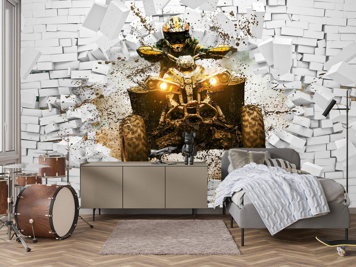 FOTOTAPETE für Büro Schlammbedecktes Quad Durchbricht Backsteinmauer 150x105 - Gelb/Beige, Papier (150/105cm) - Muralo