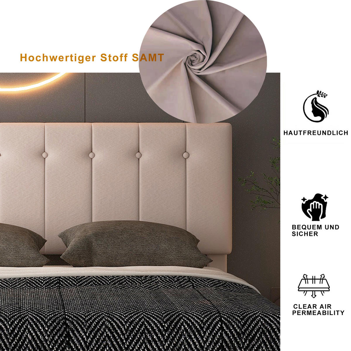 POLSTER-DOPPELBETT 140x200cm, Stauraum, Kopfteil höhenverstellbar, Samt, Dunkelbeige - Beige, Textil (140/200cm)