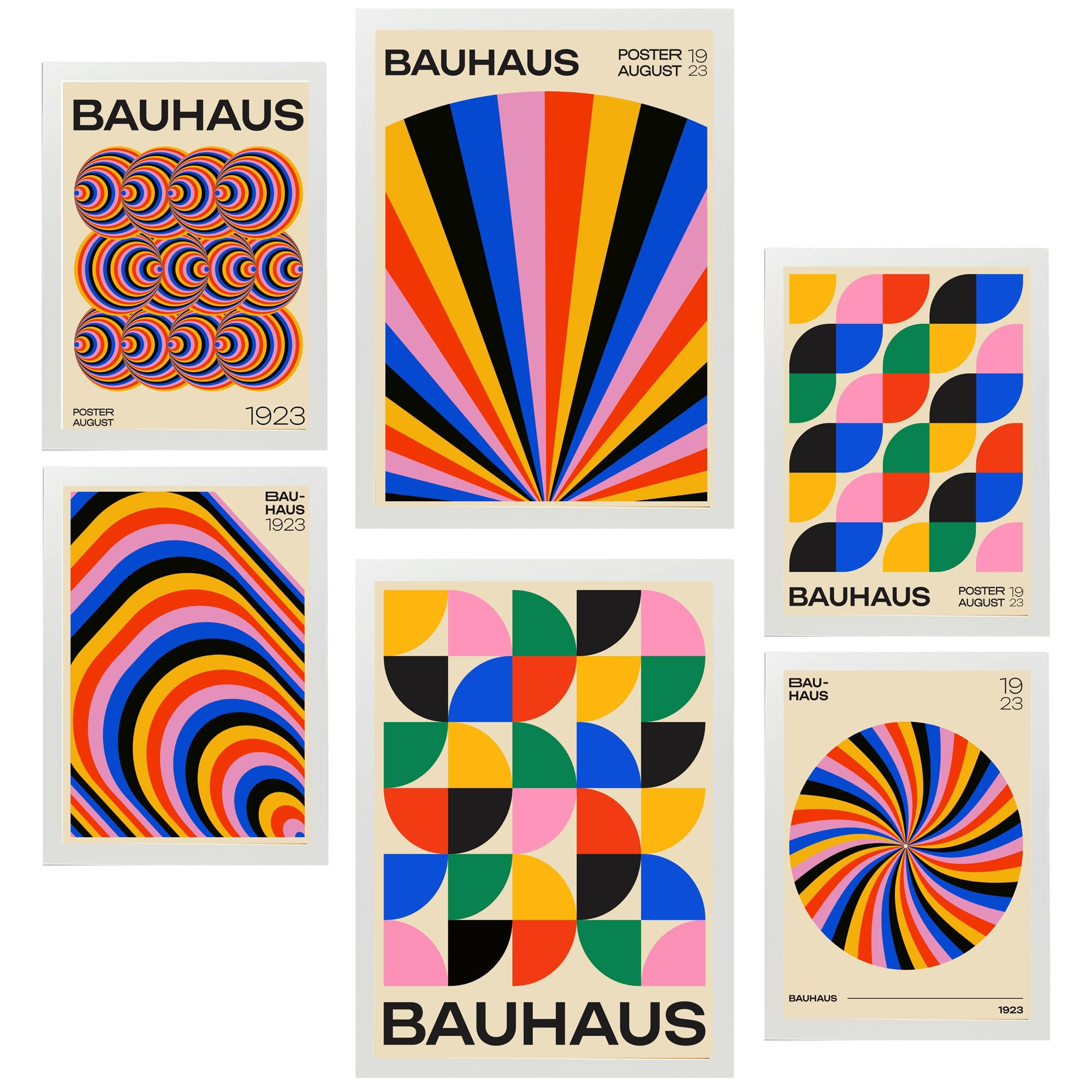 POSTER Set Mit 6 Geometrische Bauhaus Farben & Formen A3 & A4 Weißer Rahmen - Weiß, Papier (29/3cm) - Nacnic