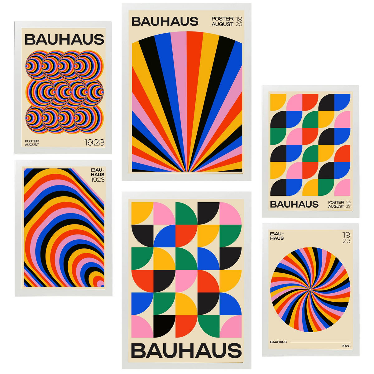 POSTER Set Mit 6 Geometrische Bauhaus Farben & Formen A3 & A4 Weißer Rahmen - Weiß, Papier (29/3cm) - Nacnic