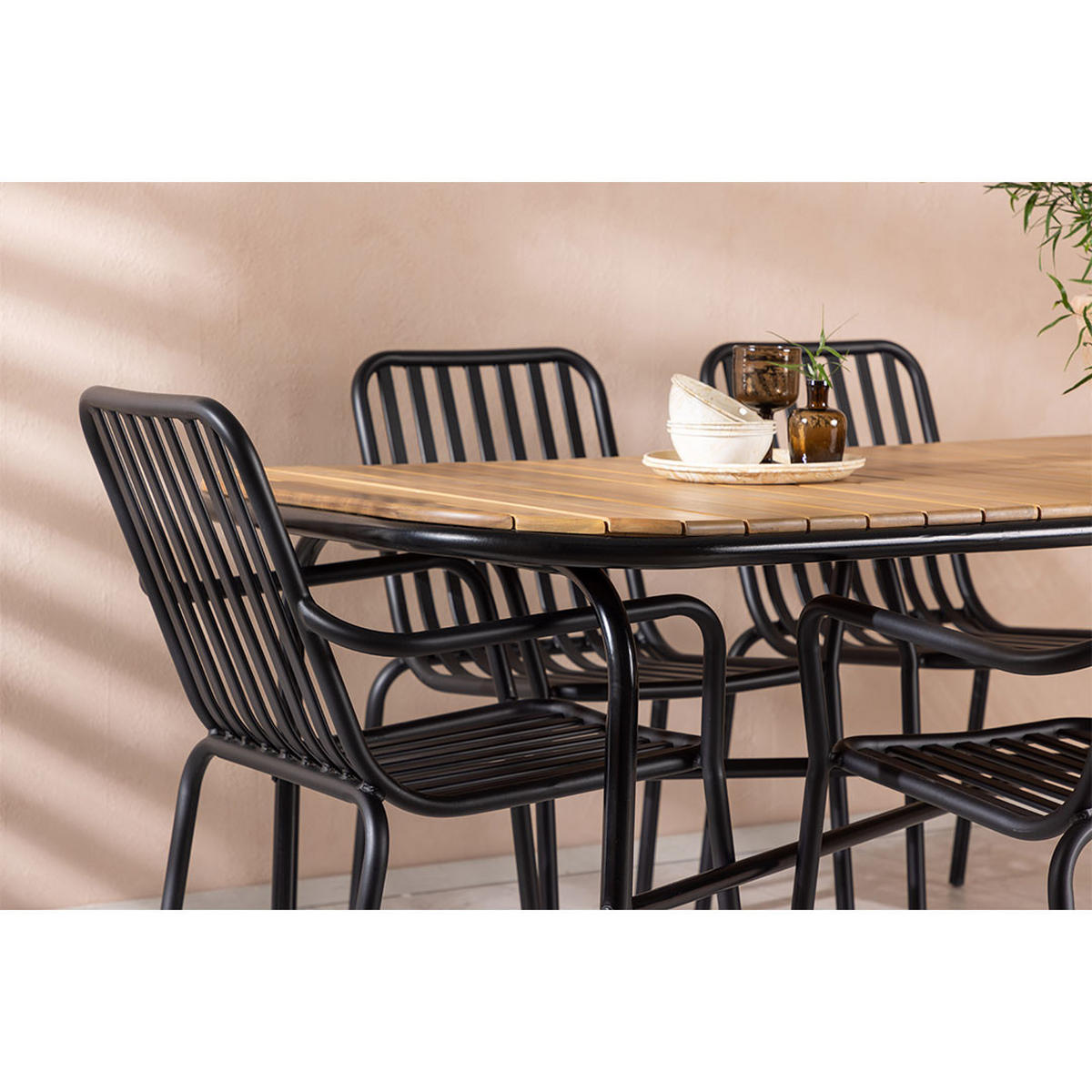 GARTENSET, Holmbeck, Tisch Natur, Stühle Schwarz, Holz, 90 x 200 x 75 cm, 7-teilig - Naturfarben, Holz - ebuy24