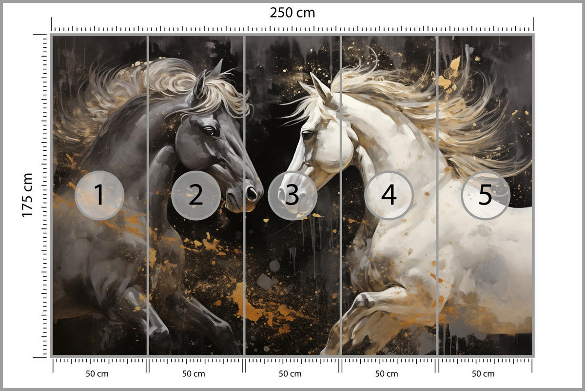 FOTOTAPETE für Büro Schwarz-Weiß Pferd Aquarell Goldakzente Eleganz 250x175 - Beige/Schwarz, Papier (250/175cm) - Muralo