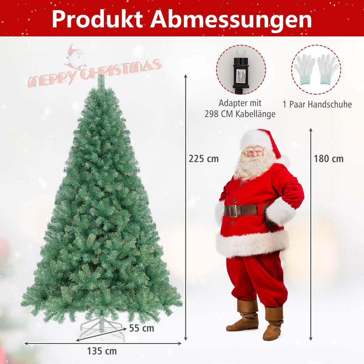 WEIHNACHTSBAUM Tannenform mit warmweißen LEDs 225 cm fruchtgrün - Grün, Metall (225cm) - COSTWAY