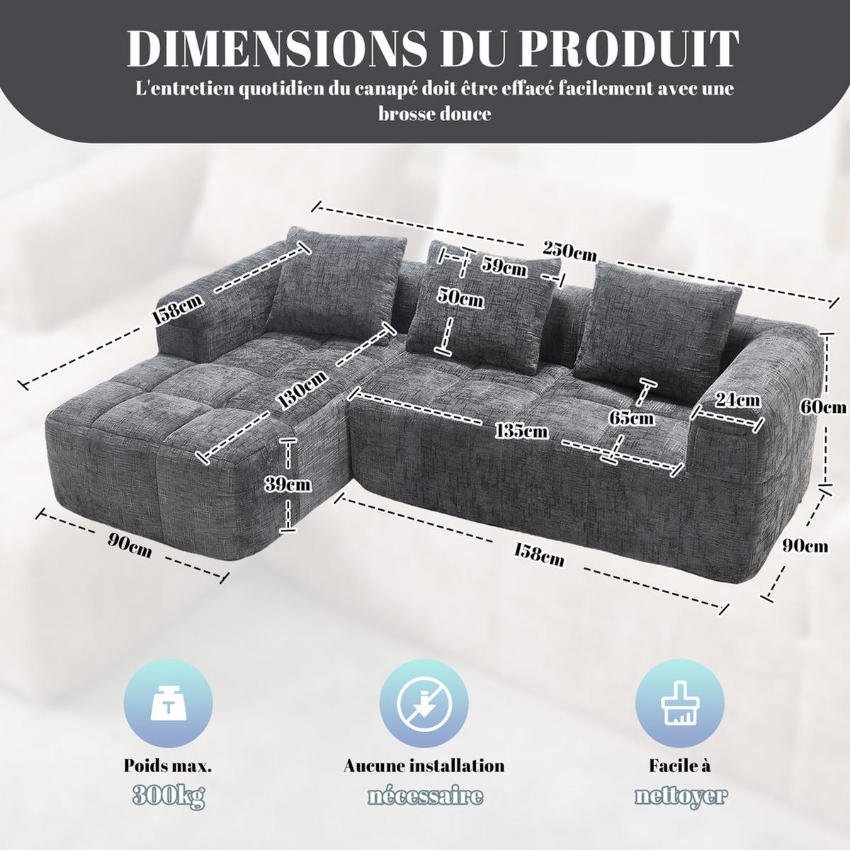 ECKSOFA 250x158cm Grau - Grau, Textil (37/38.5cm) - Raelunyi