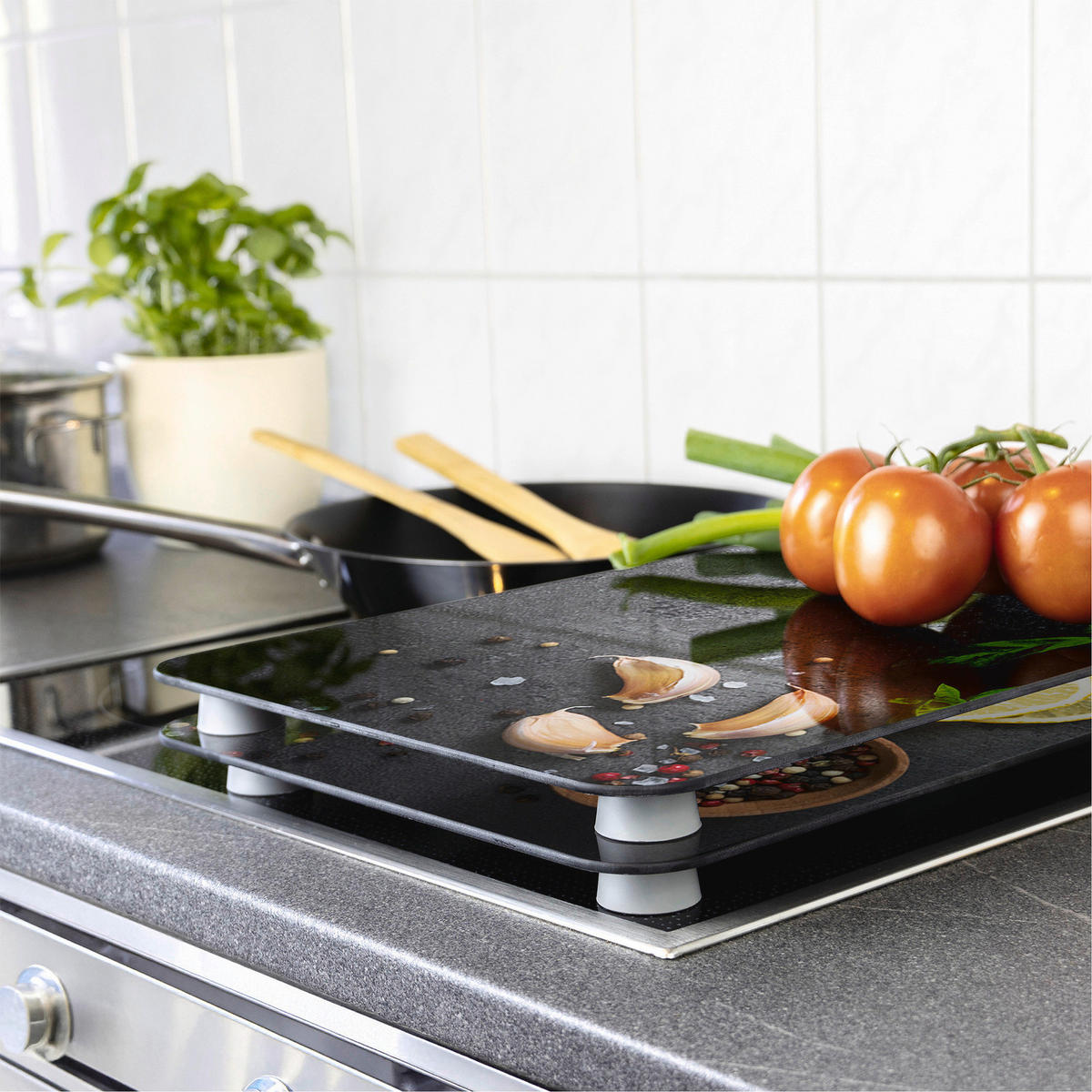 HERDABDECKPLATTEN 2er-Set Herbs - Schwarz, Glas (30/5.5/52cm) - Wenko