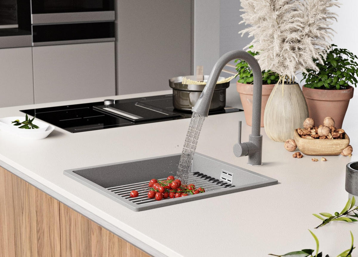 SPÜLBECKEN Praga Slim, 2-er set Grau 41/47 cm 1 Becken + Ablauf-Set + Aufrollbare Abtropffläche ab 45er Unterschrank - Chromfarben/Grau, Kunststoff (41/20/47cm) - Primagran