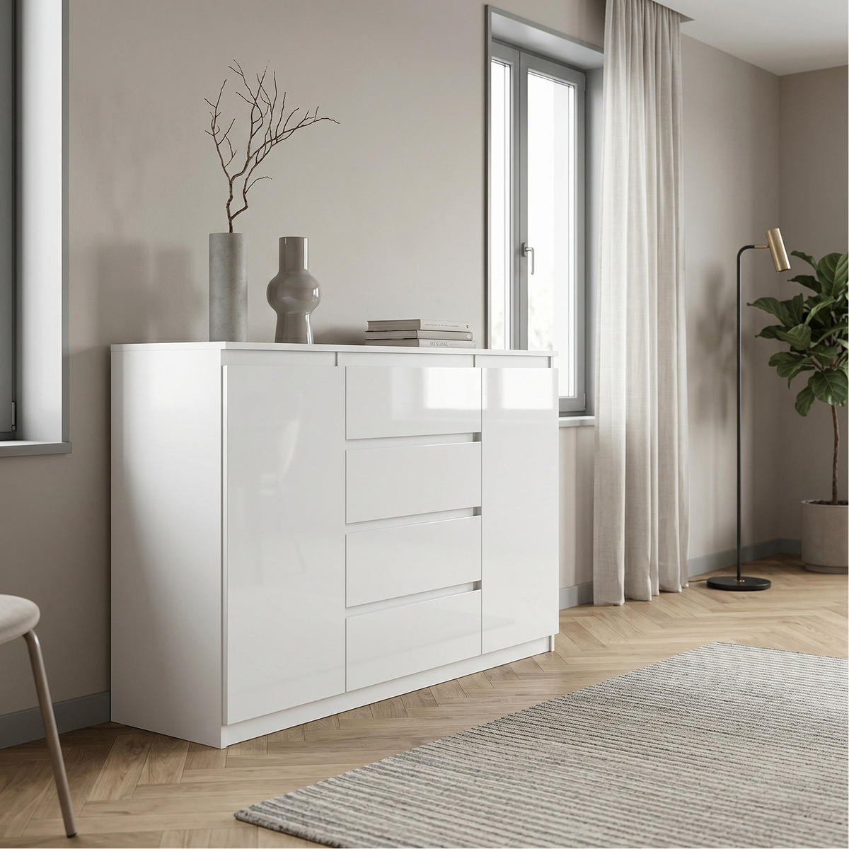 KOMMODE NUDO 120/101,5/39cm mit 4 Schubladen 2 Türen Weiß - Weiß Hochglanz/Weiß, Holzwerkstoff (120/101.5/39cm) - MASSENO