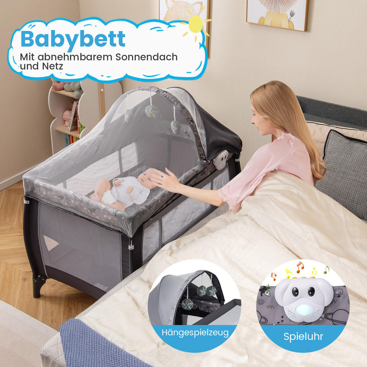 BABYBETT Grau - Grau, Textil - COSTWAY