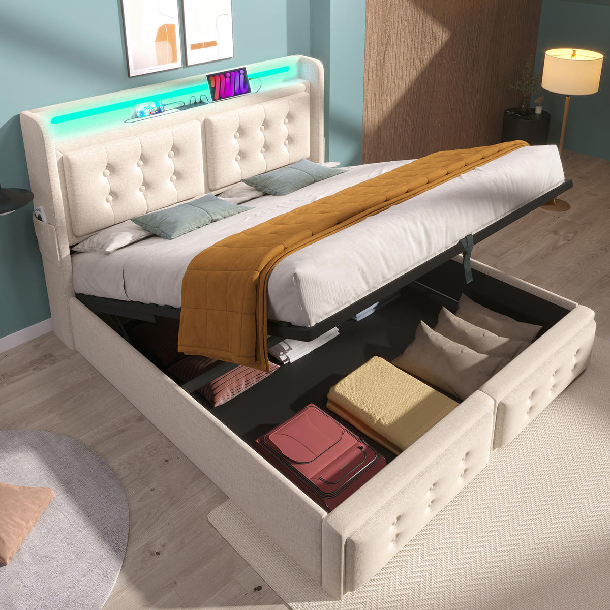 POLSTERBETT 140/200 cm Beige mit LED-Beleuchtung und USB-Anschlüssen - Beige, Textil (140/200cm) - OKWISH