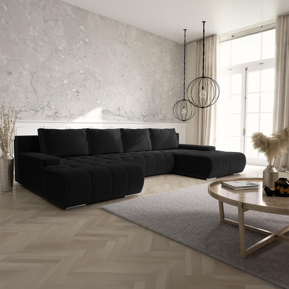 PANORAMASOFA Jonas 5 Sitzplätze Schwarz - Schwarz, Holz (350/85/185cm) - Petits-meubles