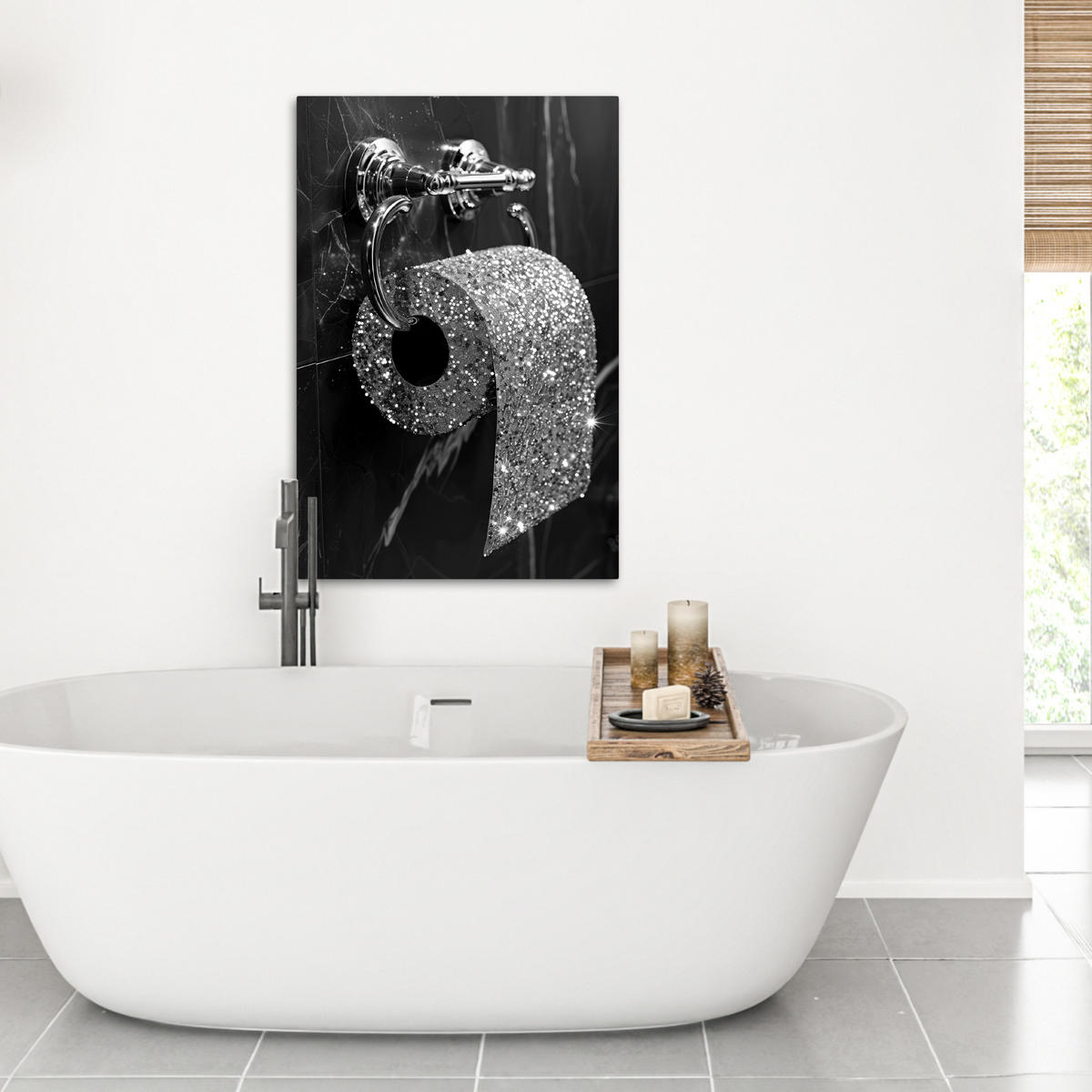 LEINWANDBILD WC - Toilettenpapier - Schwarz und weiß - Glitter 60x90 cm - Silberfarben, Textil (60/90cm) - MuchoWow
