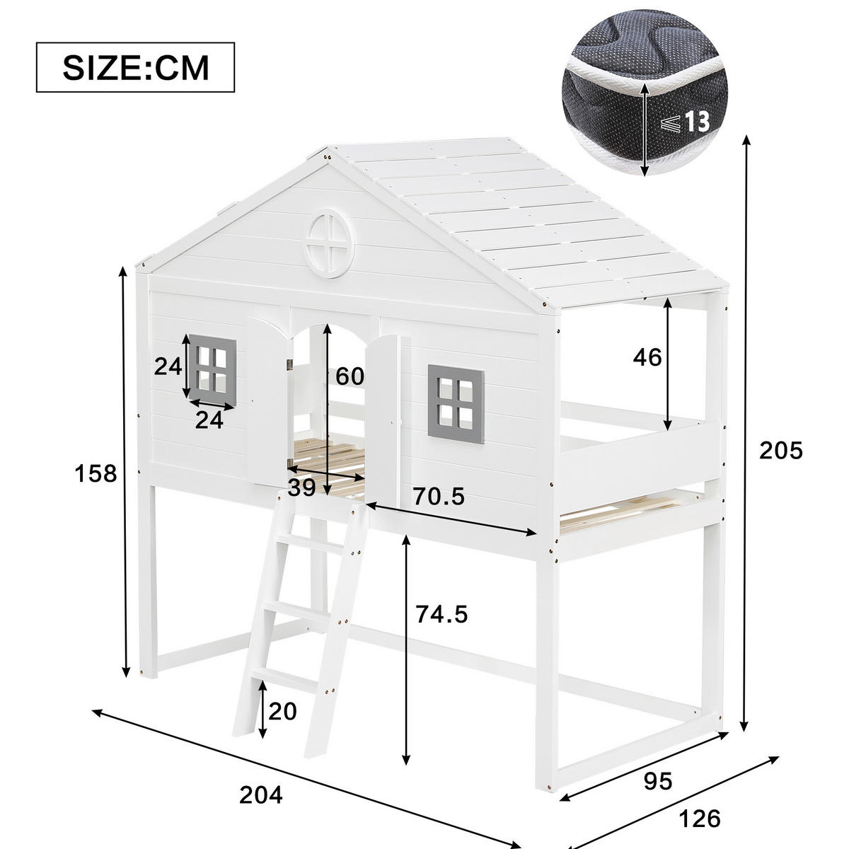 VISOKI krevet 90/200 cm s trepnicama, zaštitnom ogradom i prozorima, borovina i MDF, Bijela i siva - bijela, drvo (90/200cm) - Redom