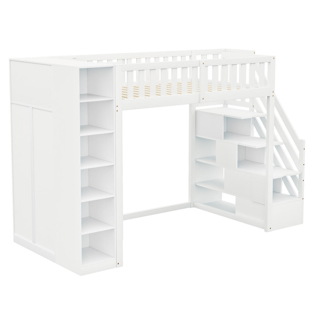 HOCHBETT 90/200 cm Weiß mit Regalen und Stauschrank aus Holz - Weiß, Holzwerkstoff (90/200cm) - OKWISH