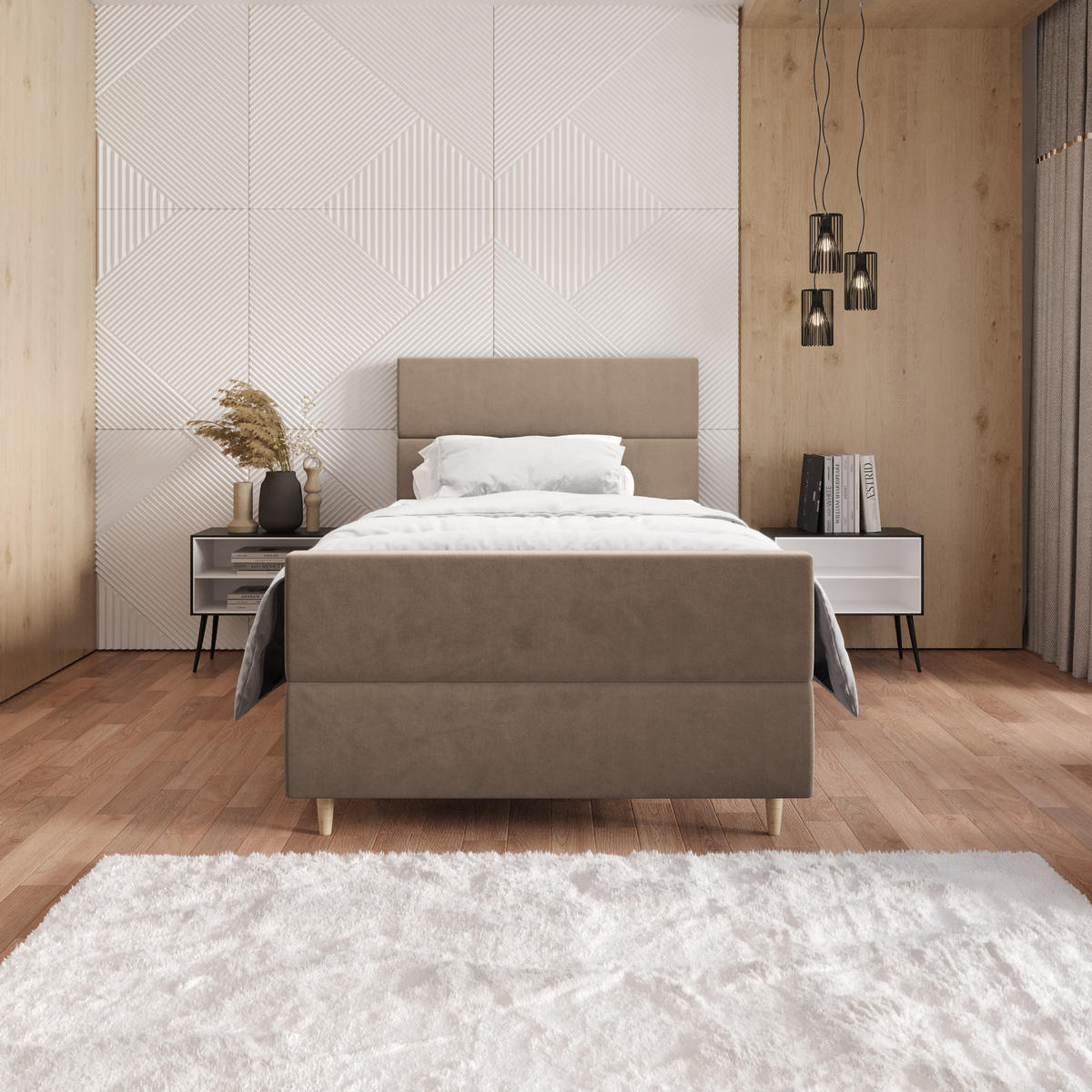 BOXBETT FLO PLUS 100x200 Itaka 48, mit Matratze H3, Bonell und Topper, Camel - Cappuccino, Holz/Textil (100/200cm) - Bedante