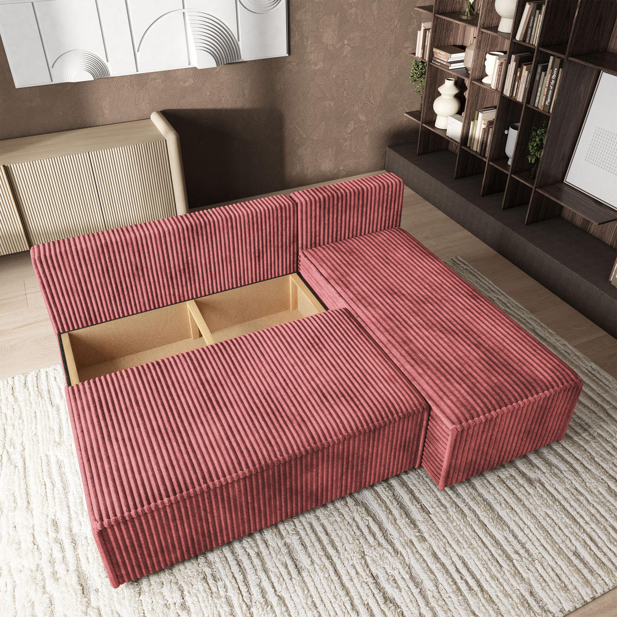 ROHOVÁ SEDAČKA BRISO starorůžová - šedá/starorůžová, dřevo/textil (200/140cm) - MASSENO