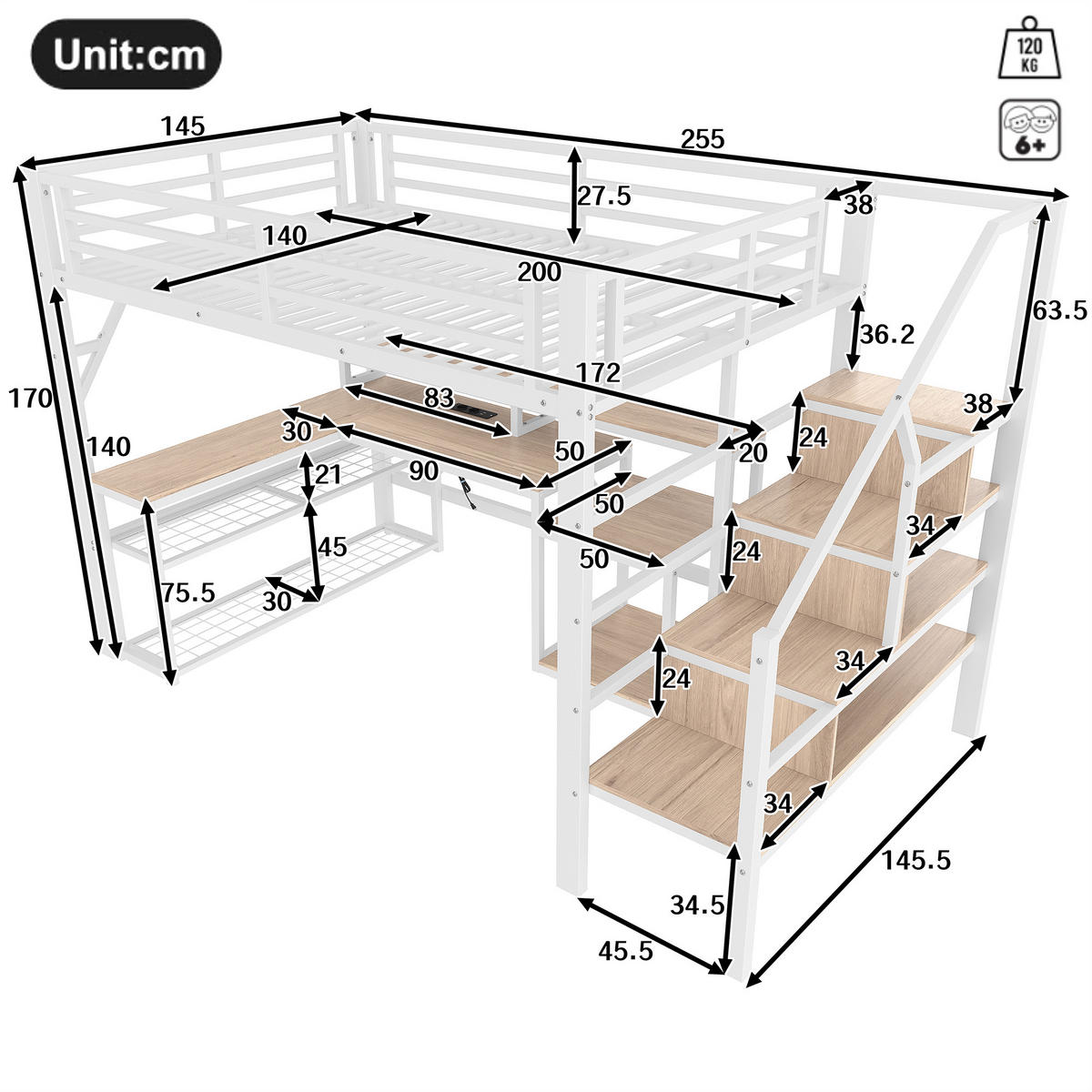 HOCHBETT 140x200cm Weiß Metall LED-Licht Schreibtisch USB - Weiß, Metall (140/200cm) - FLIEKS