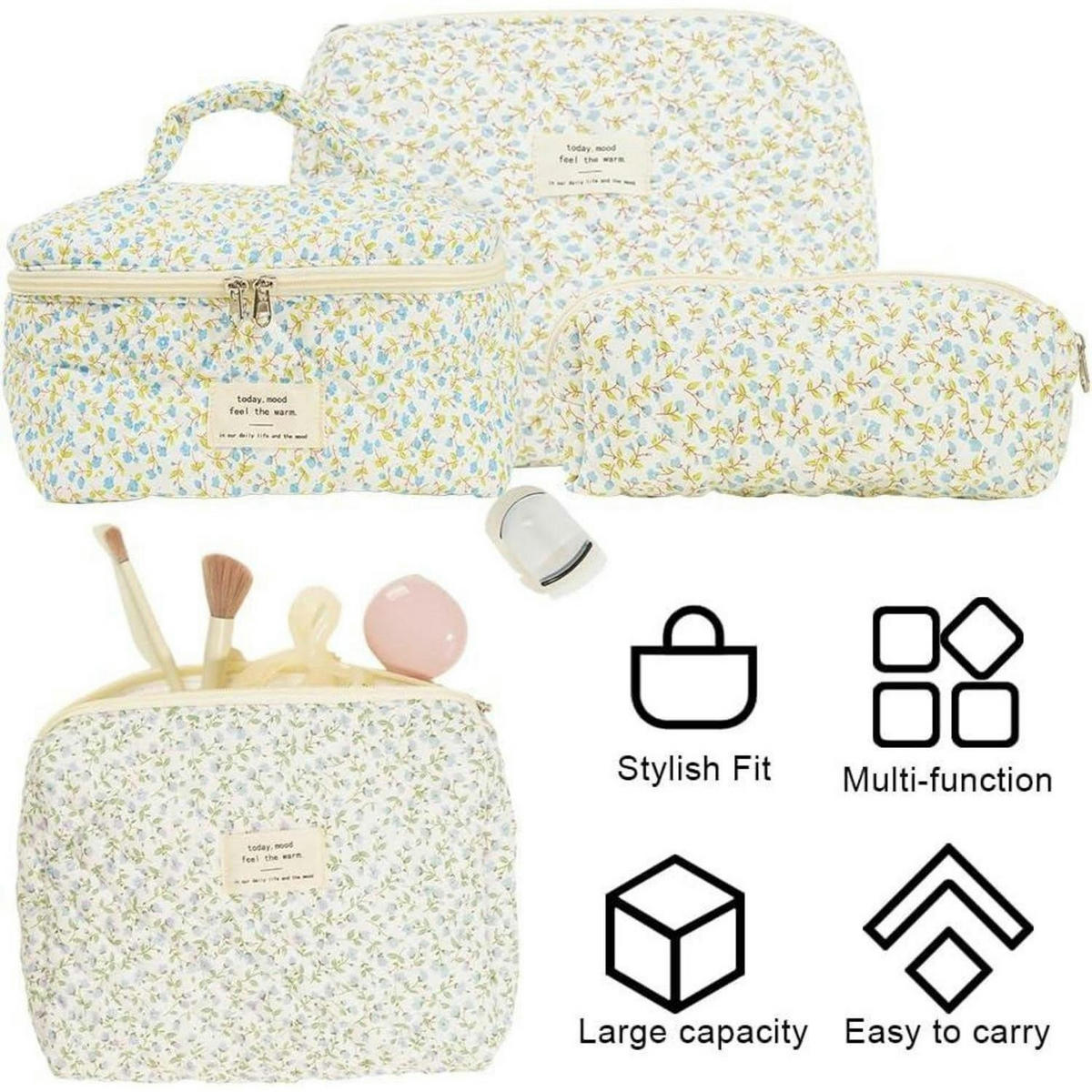 KULTURBEUTEL 3-teiliges Set Blumenmuster Blau - Multicolor, Textil (16/16/25cm)