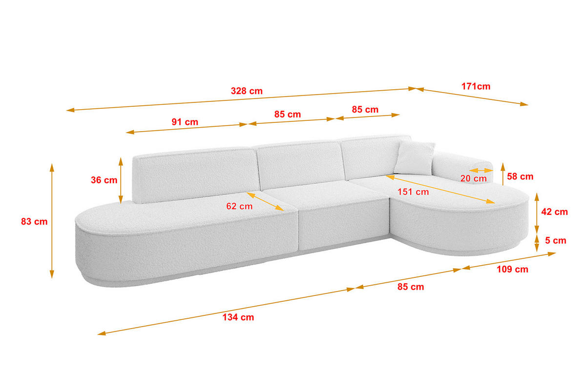ECKSOFA Ottomane Rechts MARI-L2-v3 - 328x171x83 cm Weiß Bouclé - Schwarz/Weiß, Holzwerkstoff/Kunststoff (171/328cm) - ALTDECOR