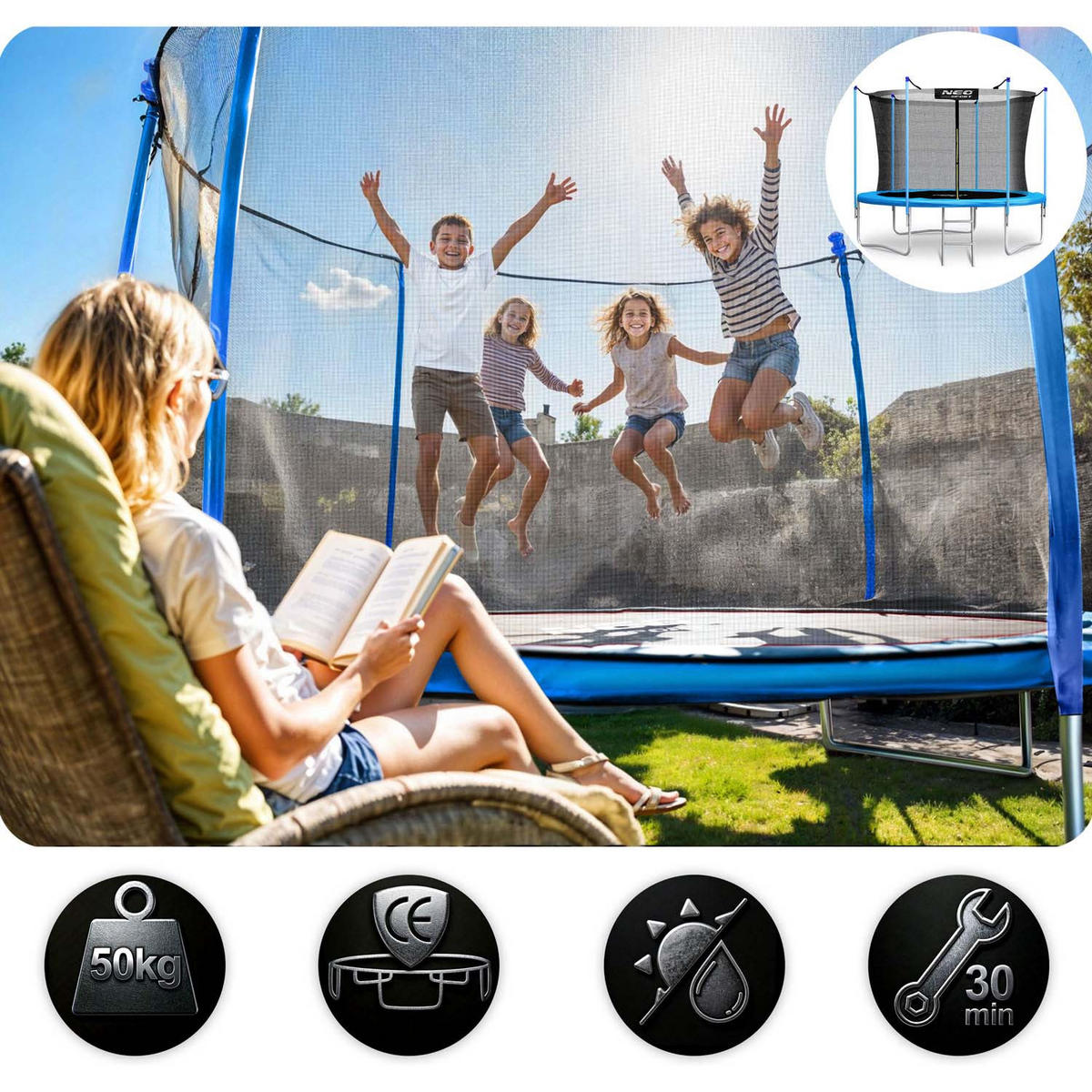 GARTENTRAMPOLIN 6 ft/183 cm mit Innennetz und Leiter - Blau, Metall (183/183cm)