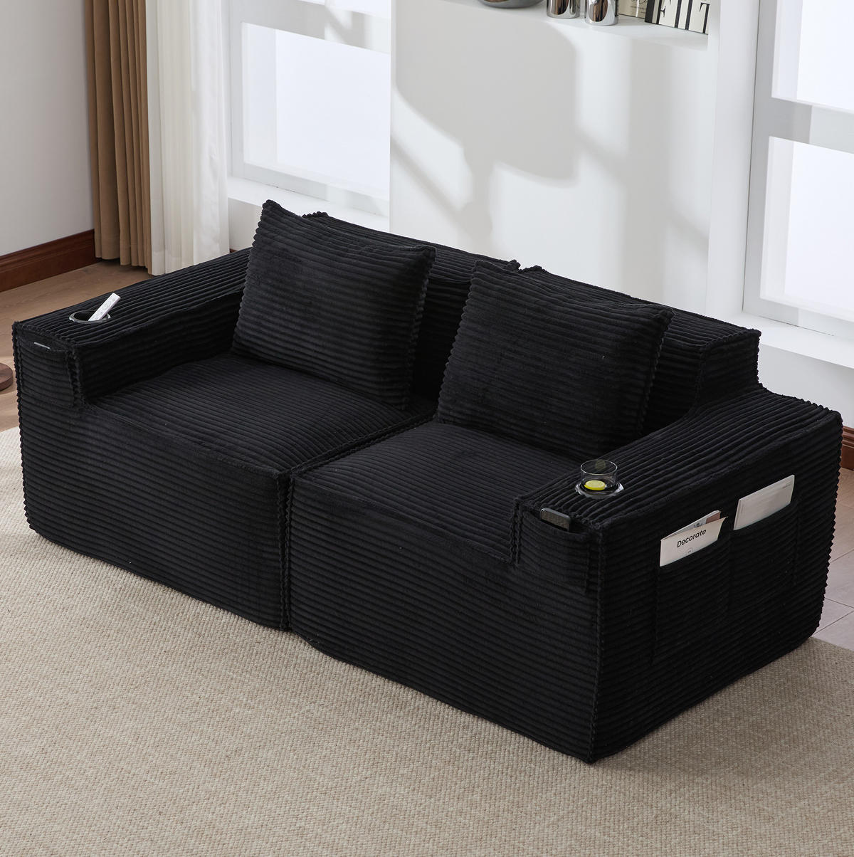 SOFA modularer 2-Sitzer mit Getränkehaltern 188 x 90 x 75 cm Schwarz - Schwarz, Kunststoff (188/75/90cm) - Meubliv