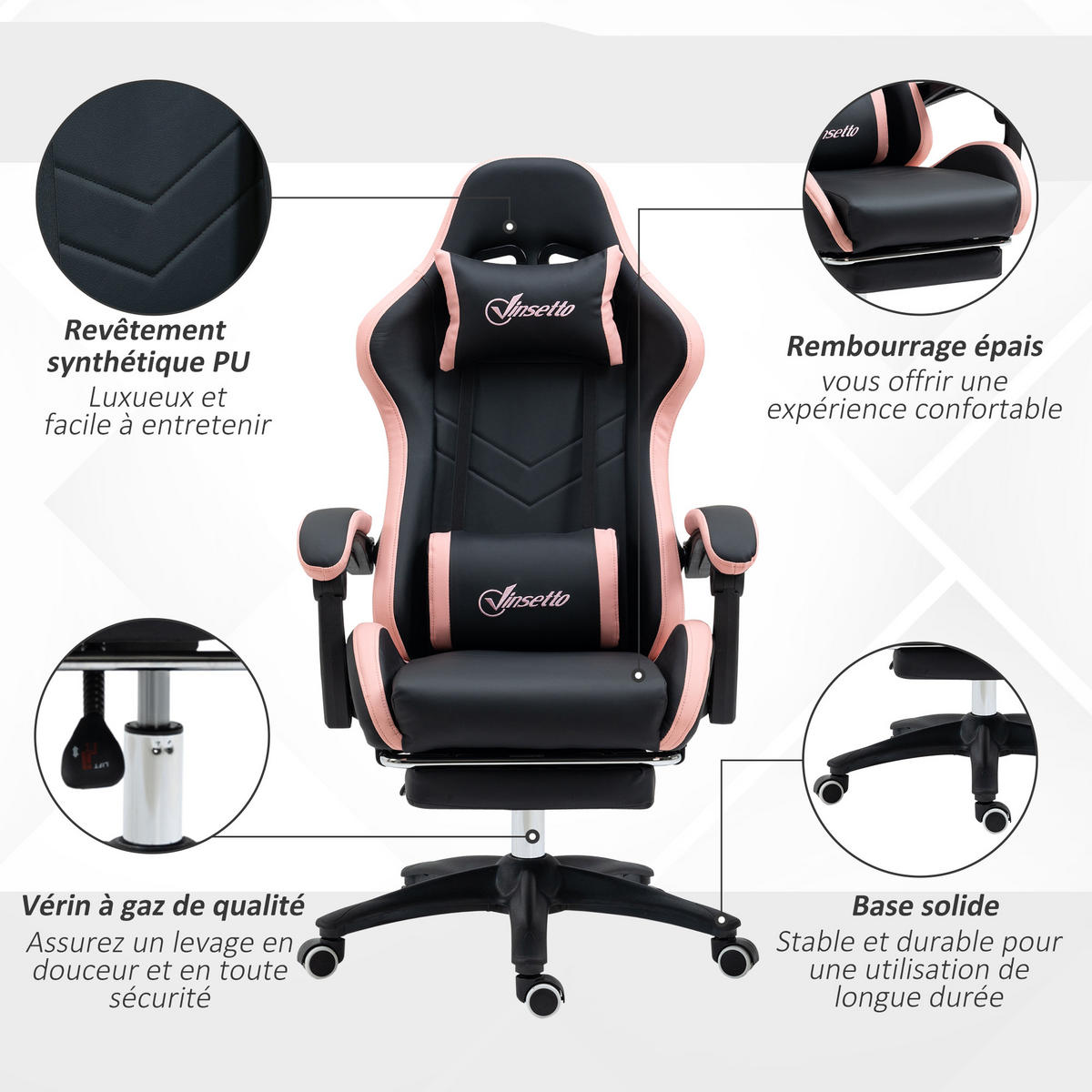 GAMING-STUHL Rosa, 65/65/121-129 cm, Höhenverstellbar, mit Fußstütze - Hellrosa, Metall (65/129/65cm) - PANGIVO