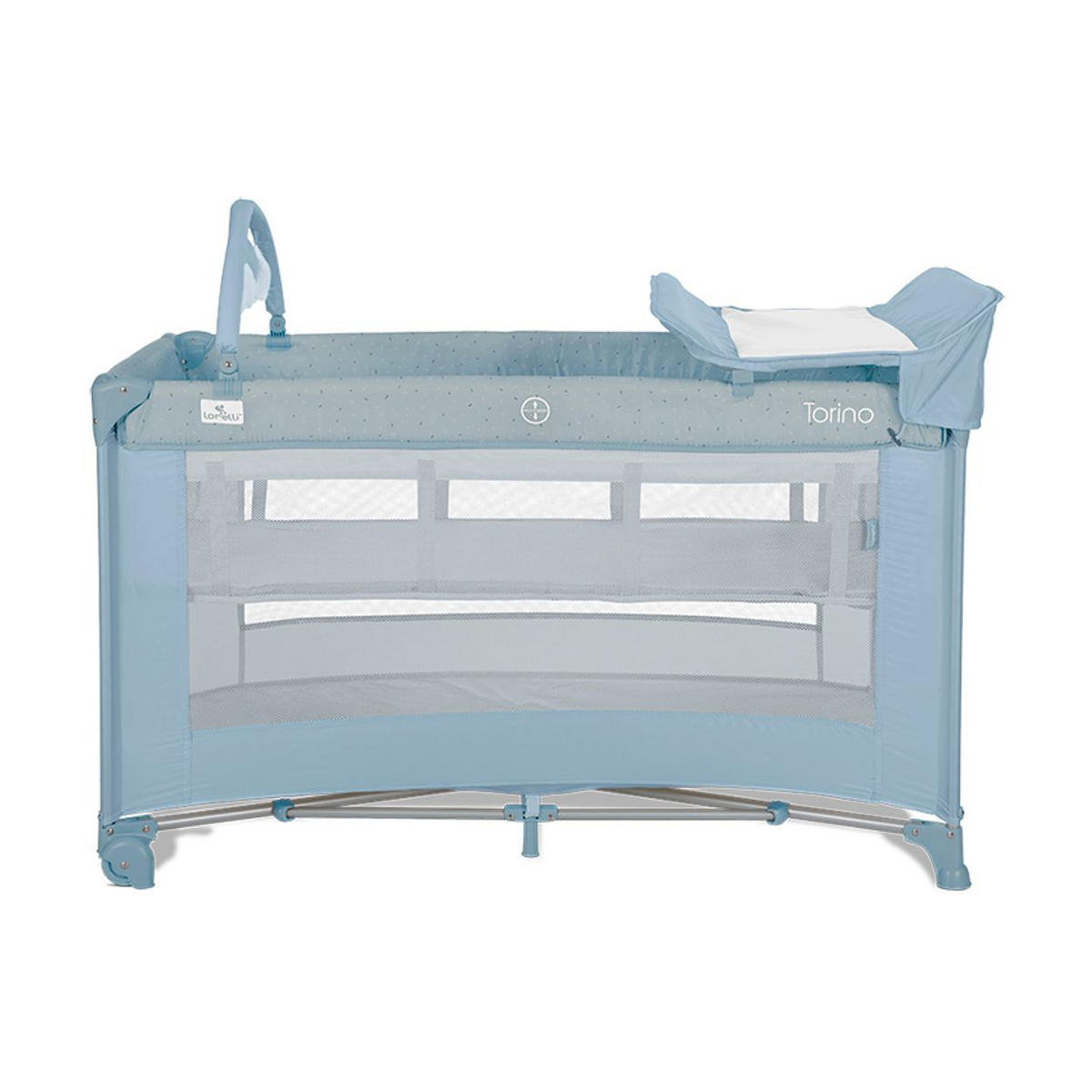 REISEBETT Torino plus 2 hellblau Wickelauflage Spielbogen Räder faltbar - Blau, Kunststoff (70/127cm) - Lorelli