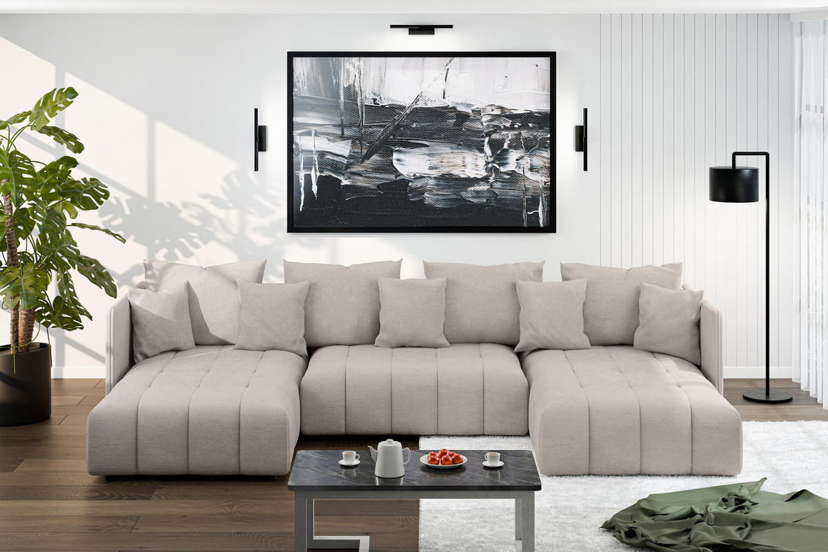 WOHNLANDSCHAFT Veliro U Beige 353/180/83 cm mit Schlaffunktion und Bettkasten - Beige/Schwarz, Kunststoff/Textil (353/83/180cm) - AX Living