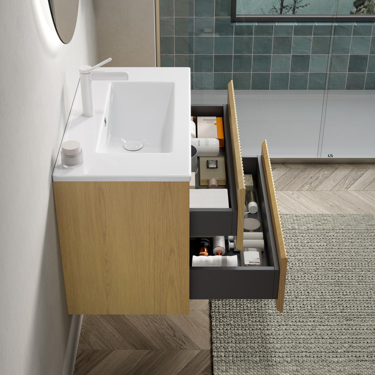 BADEZIMMERSCHRANK 75x39x51.5 cm Goldene Eiche & Weiß aus Keramik mit 2 Schubladen - Eichefarben, Keramik (75/51.5/39cm) - Modfu