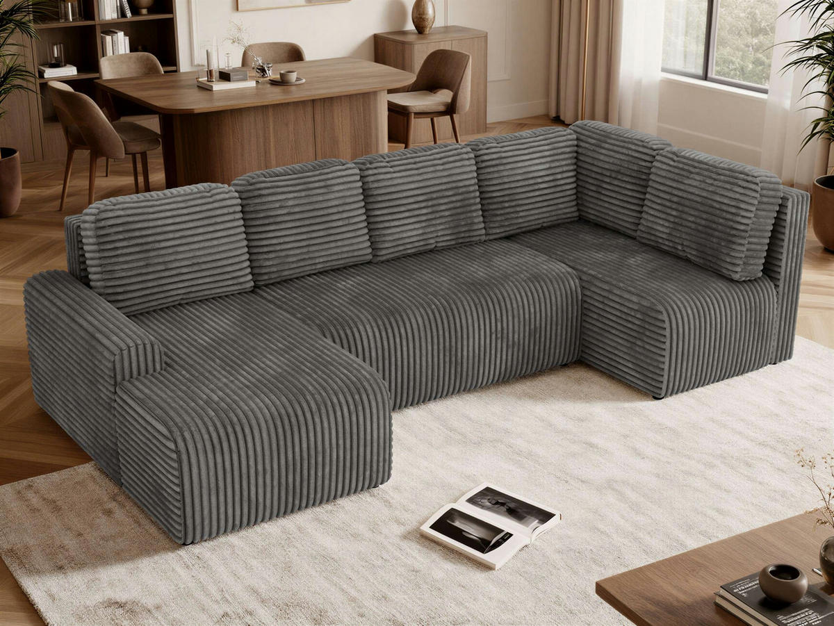 WOHNLANDSCHAFT NESSARO COR U Grau Cord - Rechts Seite - Schwarz/Grau, Kunststoff/Textil (151/92/307cm) - MKS