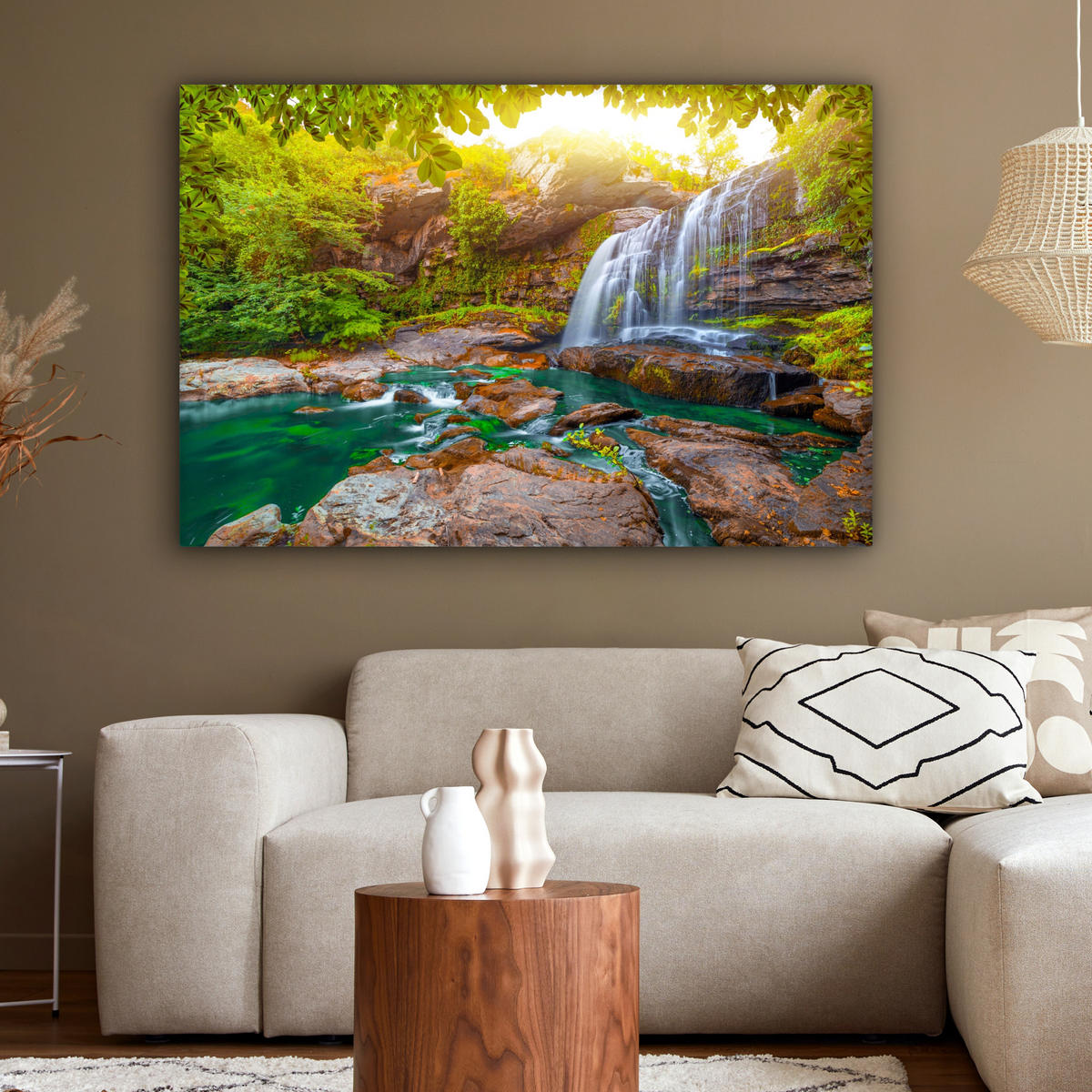 LEINWANDBILD Natur - Wasserfall - Pflanzen - Bäume - Sonne Groß 140x90 cm - Olivgrün, Textil (140/90cm) - MuchoWow