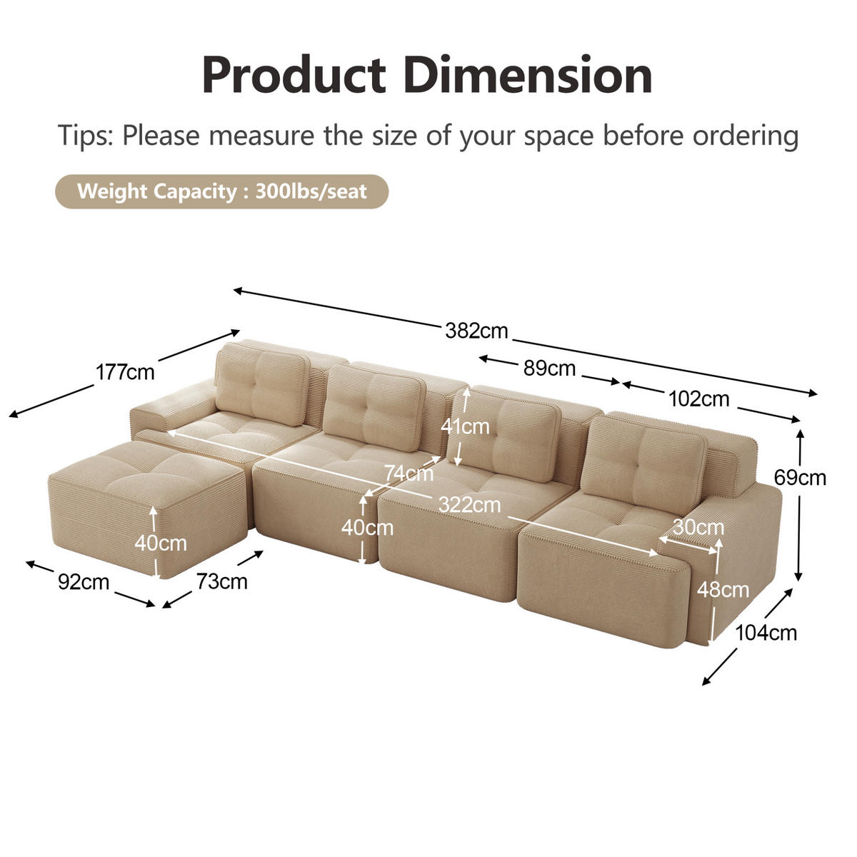 ECKSOFA 382/177/69 cm beige aus Cord mit Tiefsitz, rutschfester Basis und breiten Armlehnen - Beige, Textil (177/382cm) - OKWISH