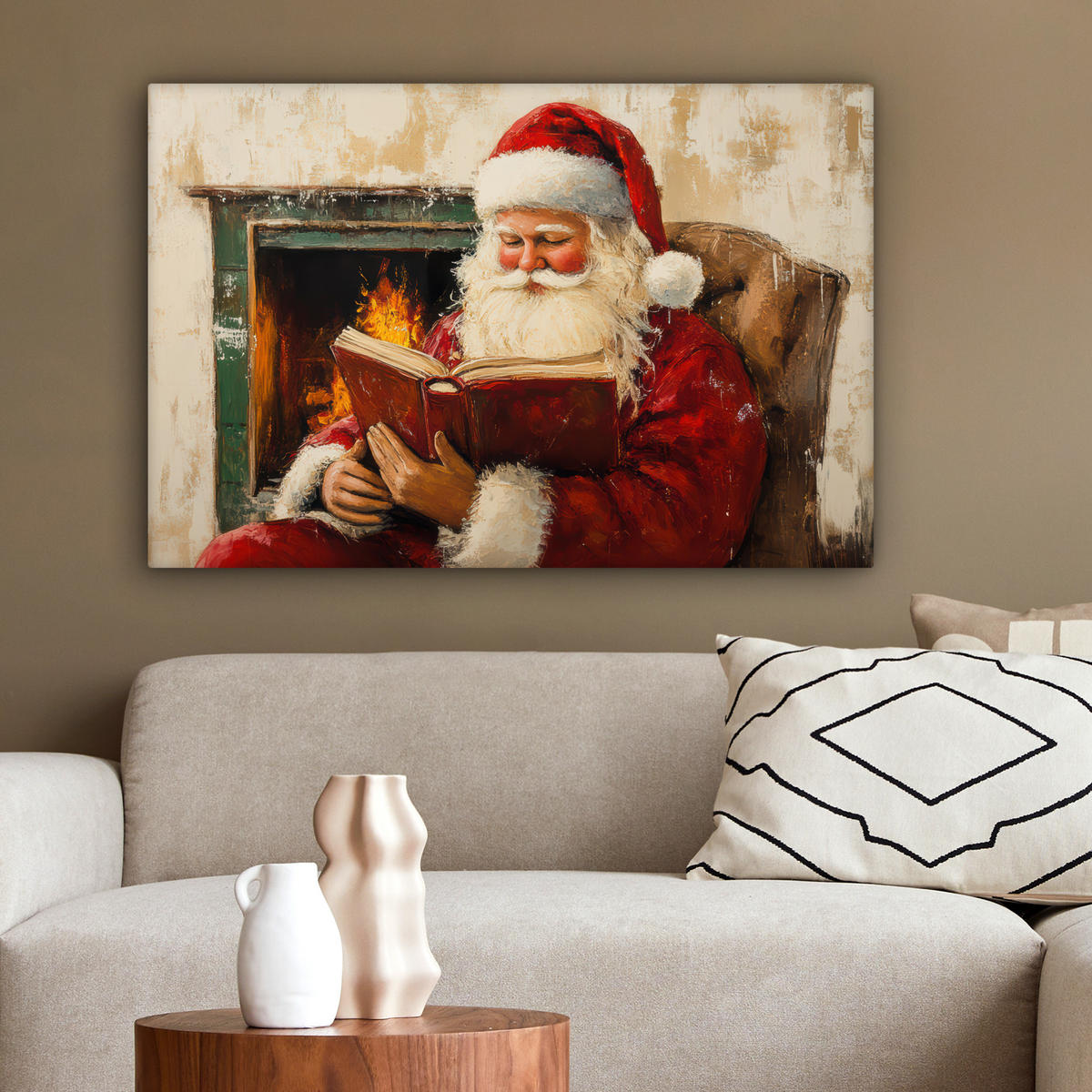 LEINWANDBILD Weihnachten - Weihnachtsmann - Winter - Open Fireside Gemälde 60x40 cm - Dunkelrot, Textil (60/40cm) - MuchoWow