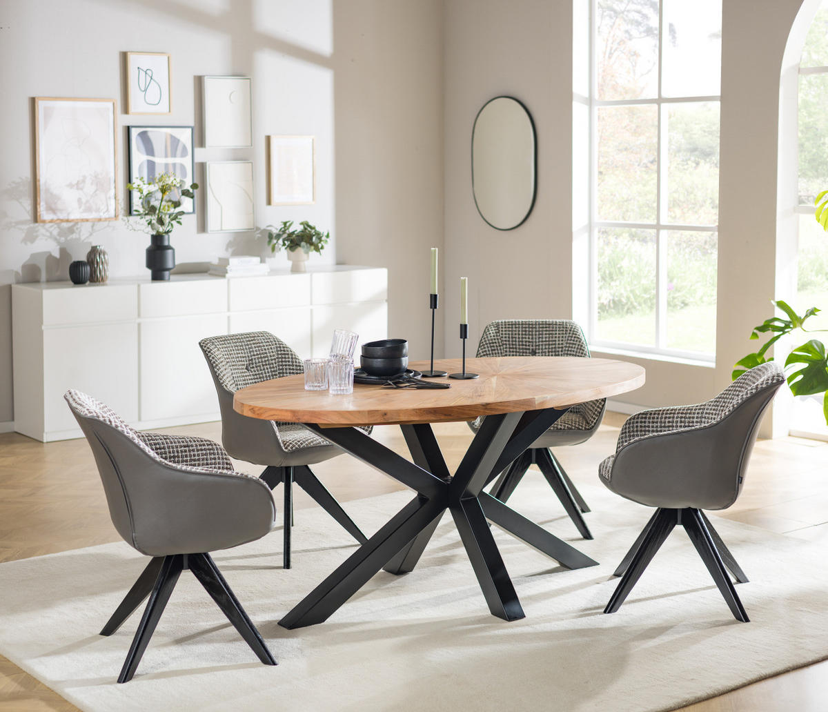 ESSTISCH mit Massivholzplatte - Akazie massiv / Eisen - Akazie Braun / Schwarz - Akaziefarben, Holz/Metall (90/160/76cm) - home24