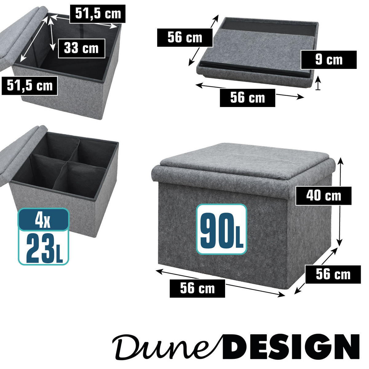 BEISTELLTISCH mit Stauraum 56/56/40 cm Grau - Grau, Kunststoff (56/56/40cm) - Dunedesign