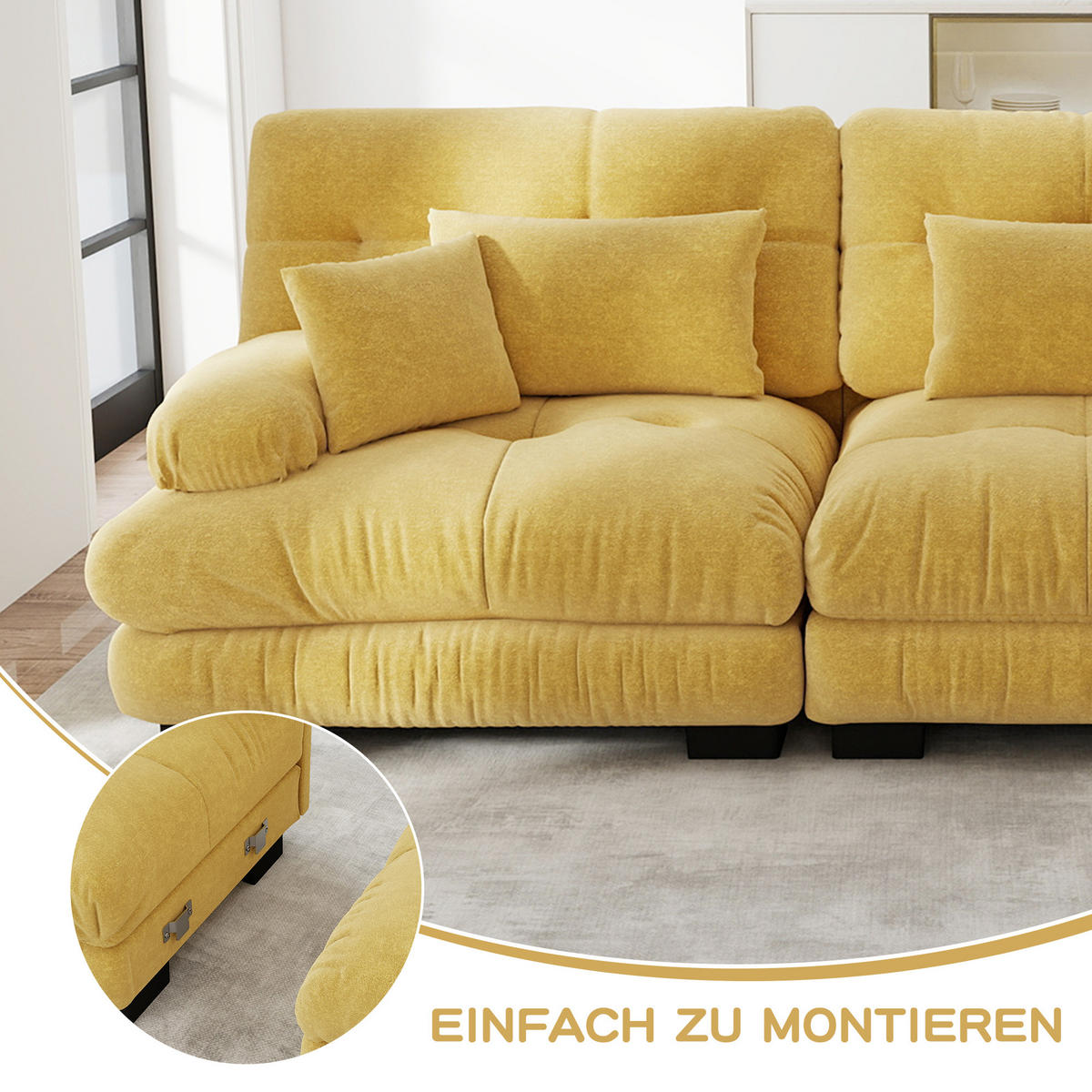 2-SITZER SOFA Chenille Gelb mit Lendenkissen und Dekokissen - Gelb, Textil (220/81/77cm) - WISHDOR
