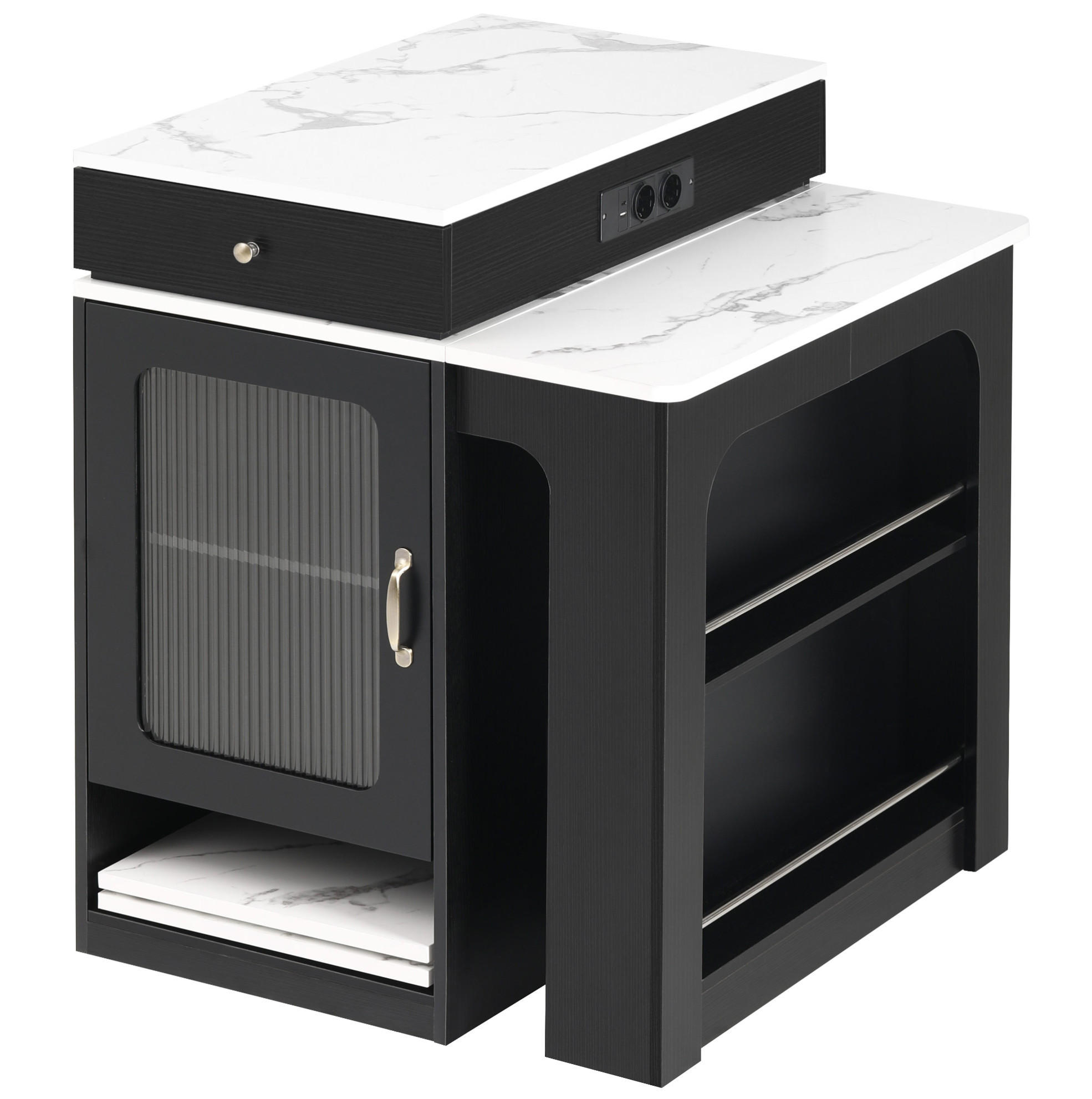 Redom KUCHYŇSKÝ ostrůvek 80/71-111-151/92 cm s výsuvnou jídelní deskou, integrovanými zásuvkami a úložným prostorem, Bílá/Černá