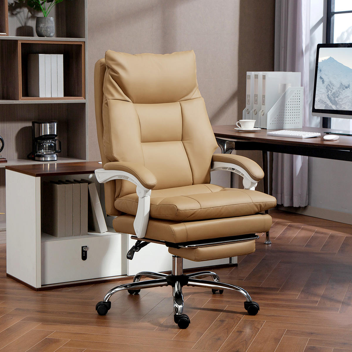 BÜROSTUHL Ergonomischer Schreibtischstuhl mit Lendenwirbelstütze, Fußstütze - Hellbraun/Silberfarben, Kunststoff/Metall (65/121/76cm) - HOMCOM