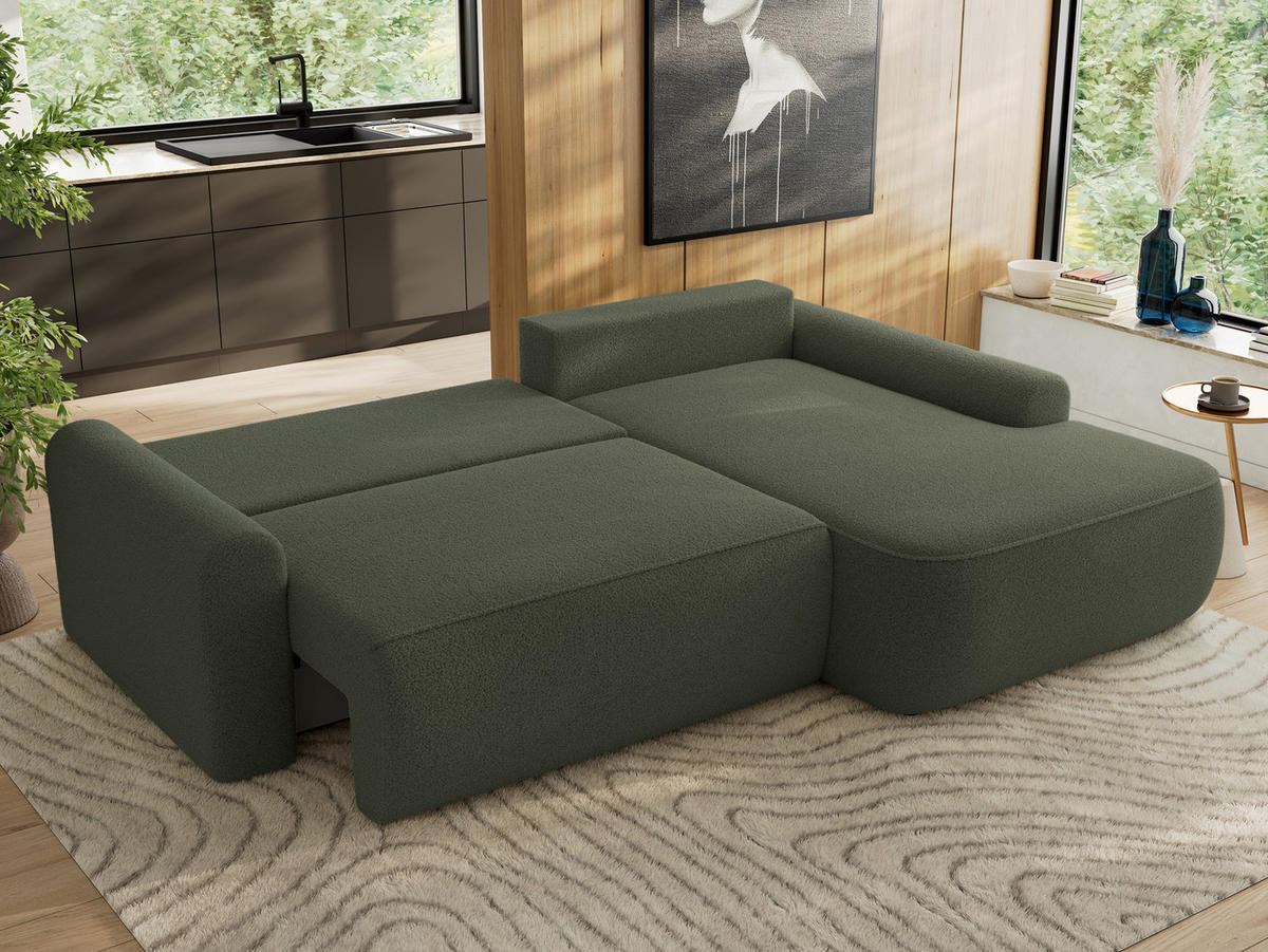 ECKSCHLAFSOFA CUBO L Dunkelgrün Boucle - rechts - Dunkelgrün/Schwarz, Kunststoff/Textil (187/273cm) - MKS