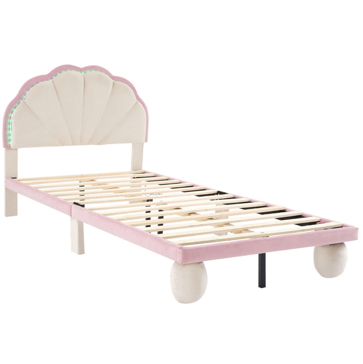 KINDERBETT 90/200 cm mit mehrfarbiger LED-Beleuchtung, Wellenkopfteil und Samtbezug, Beige/Rosa - Weiß, Textil (90/200cm) - Redom